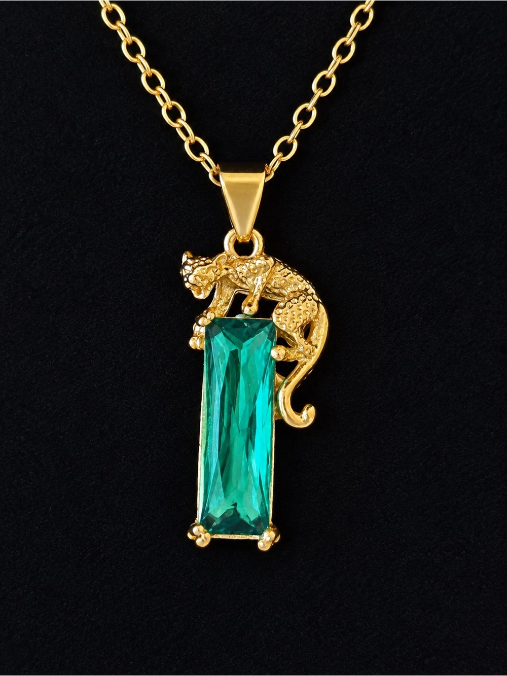 Gold Panther Pendant Necklace with Emerald Green Rectangular Crystal